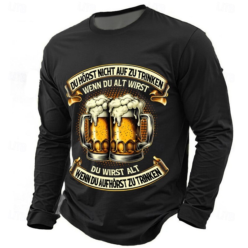 Men's Long Sleeve T-Shirt, Funny Beer Mugs Graphic, German Quote: Don't Stop Drinking, Stay Young