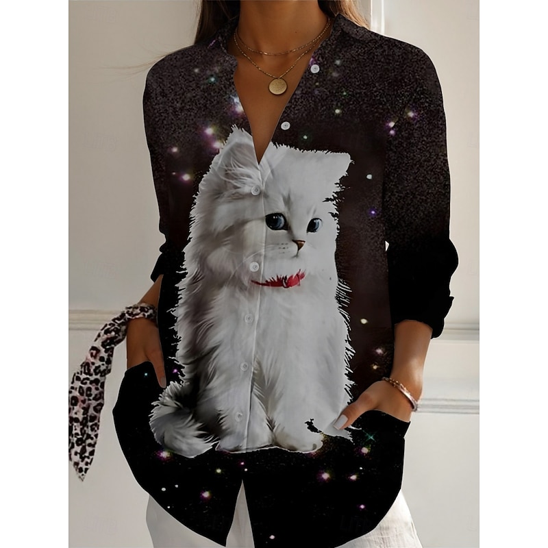 Women's Shirt Cat Active Daily Stylish Long Sleeve Shirt Collar Regular Tops Daily Holiday Buttons Print Black Gray Spring Fall - Main Image
