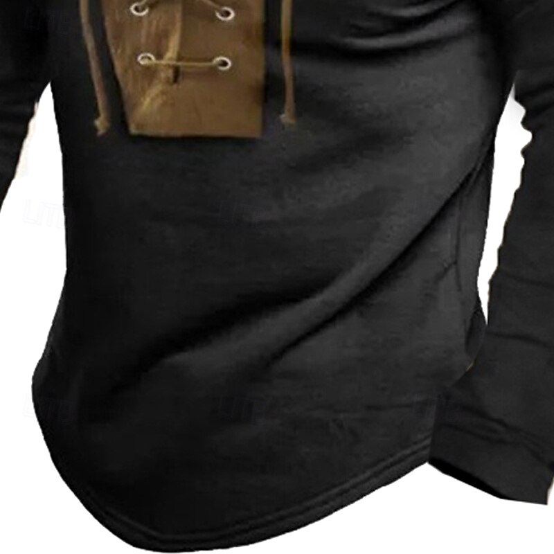 Men's Cotton Linen T Shirt Long Sleeve Standing Collar Henley Summer Spring Fall Plain Basic Rustic Modern Patchwork Drawstring Buttons Home Street Casual Black Gray Green Top Tee for Men3