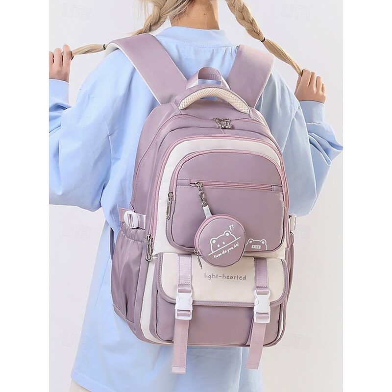 Teen Waterproof Colorblock Backpack with Bear Coin Purse, Multi-Layer Storage and Side Pockets - School Backpack for Boys and Girls2