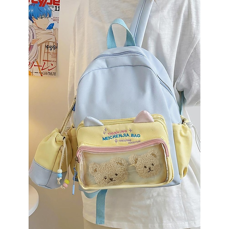 Kid's Kawaii Cat Ear Backpack with Drawstring Pouch – Large Capacity Pastel School Bag for Girls and Teens
