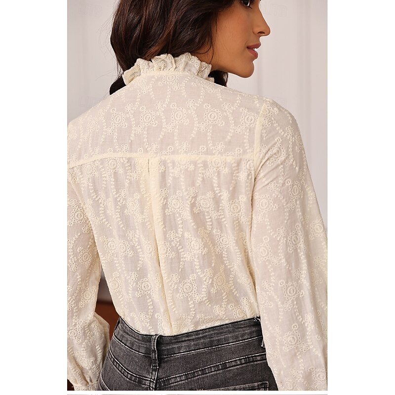 Women's Linen Tencel Shirt Solid Color Elegant Bohemia Vintage Long Sleeve High Neck Regular Tops Work Daily Holiday Ruffle Embroidered White Apricot Summer Spring Fall4