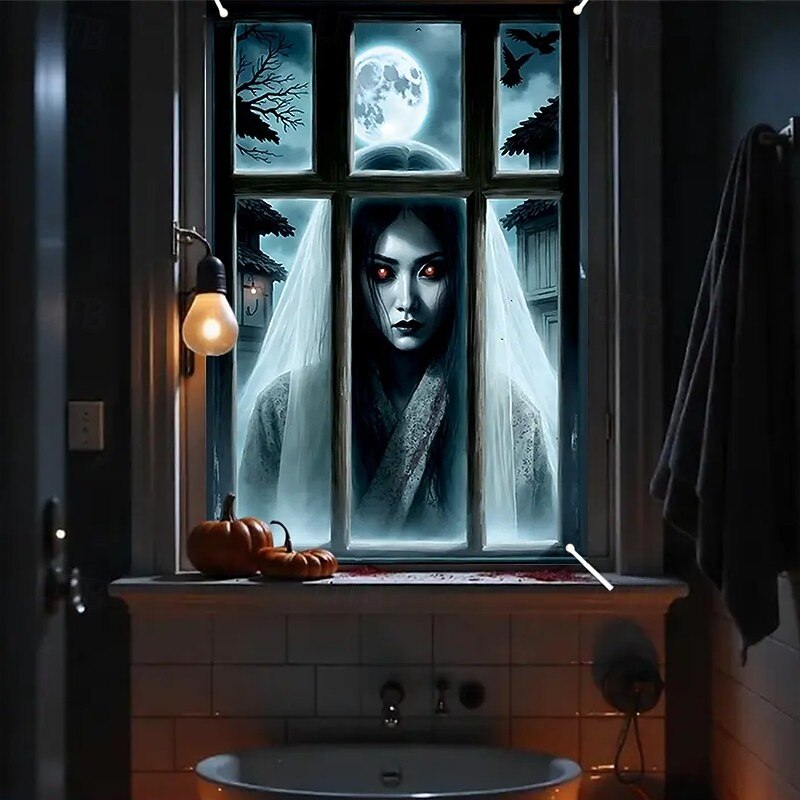 Halloween Window Curtain Creepy Ghost Woman Behind Frosted Glass, Horror Door Cover, Window cover,  Wall Tapestry for 2025 Halloween Haunted House Spooky Home Decoration