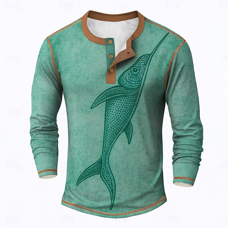 Men's Graphic Fish Henley Shirt Tee Long Sleeve Vintage Fashion Designer Outdoor Casual Daily Spring &  Fall Blue Brown Green Henley Henley T-Shirt3