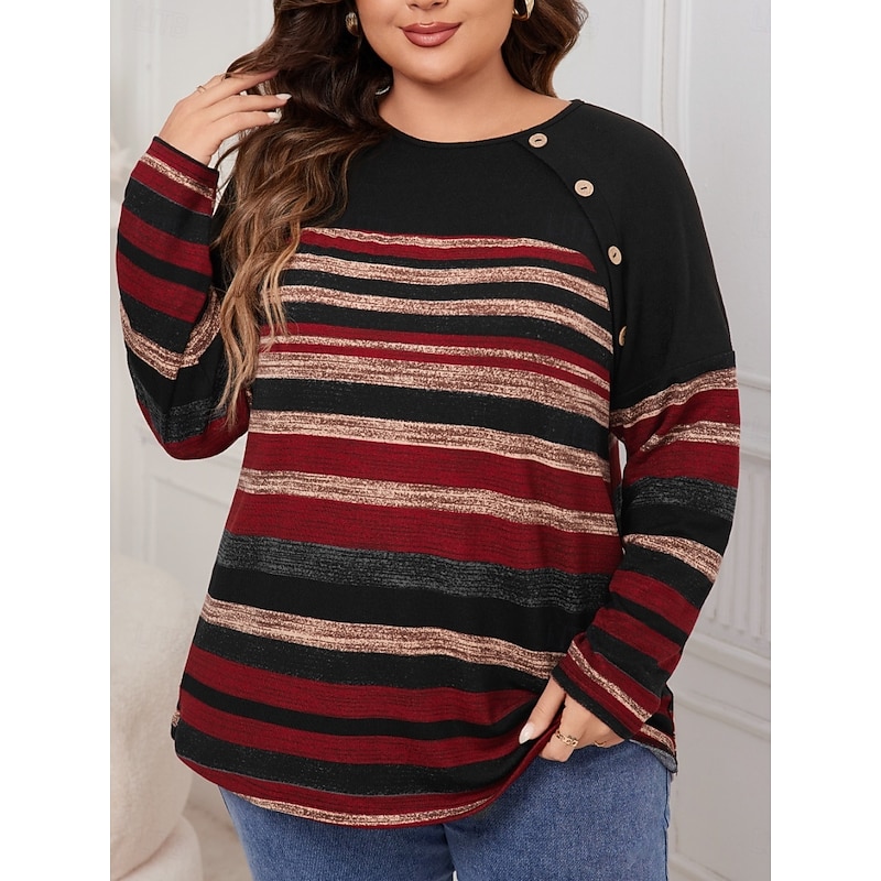Women's Plus Size Tops Blouse Striped Buttons Print Long Sleeve Crew Neck Fashion Streetwear Casual Daily Weekend Knit Spring Fall Black4