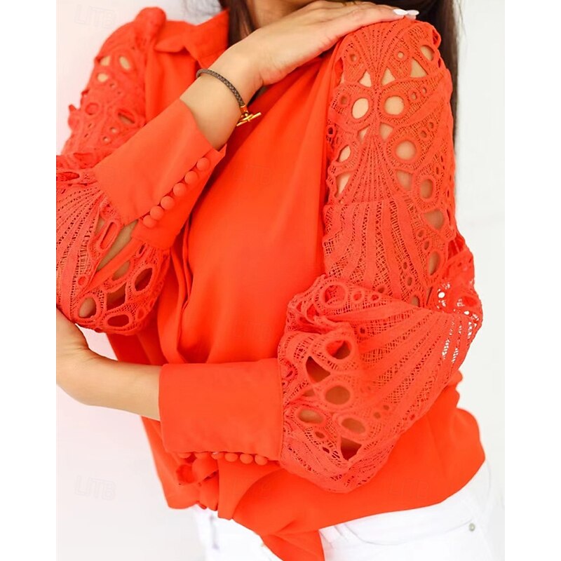 Women's Shirt Plain Daily Stylish Basic Long Sleeve Shirt Collar Regular Tops Work Daily Holiday Lace Cut Out Buttons Orange Spring Fall3