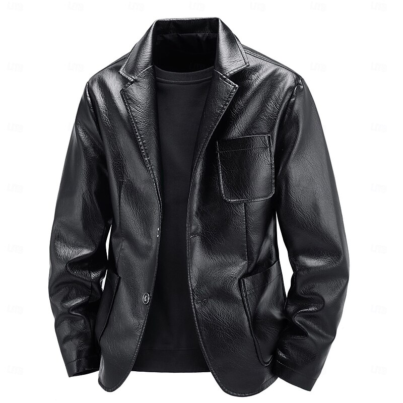 Men's Faux Leather Jacket Blazer Jacket Formal Office Casual Daily Pocket Punk Fashion Spring & Summer PU Leather Synthetic Leather Solid Color Pocket Comfy Single Breasted Blazer Black Coffee2