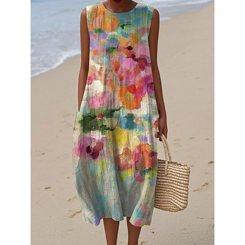 Women's Midi Dress Sundress Shift Dress A Line Dress Vacation Casual Boho Going out Beach Loose Fit Floral Graphic Sleeveless Crewneck Pink Purple Green off-white Summer Spring2
