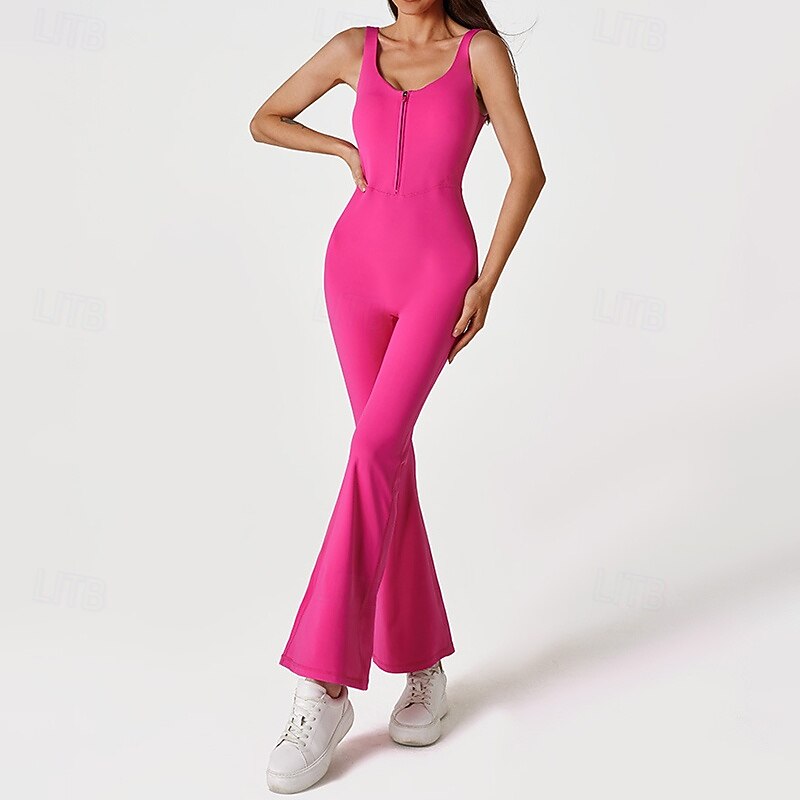 Women's Scrunch Yoga Romper Workout Jumpsuits Zipper Solid Color Bodysuit Rose Red Gym Dance Athletic High Waist Stretchy Breathable Tummy Control Sleeveless Sport Activewear Tight Fit4