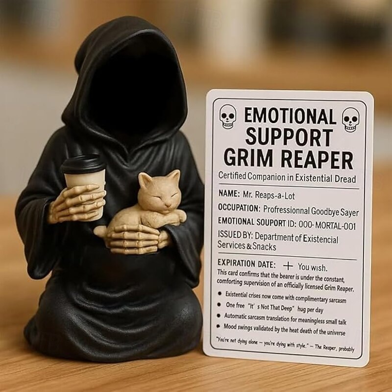 Emotional Support Grim Reaper Figurine, STAtue of The Grim REAper Holding Coffee,Resin GRIM Reapers S-tatue Holding Coffee,Ironic Gothic Black Robe Mysterious Statue Desktop Decoration3