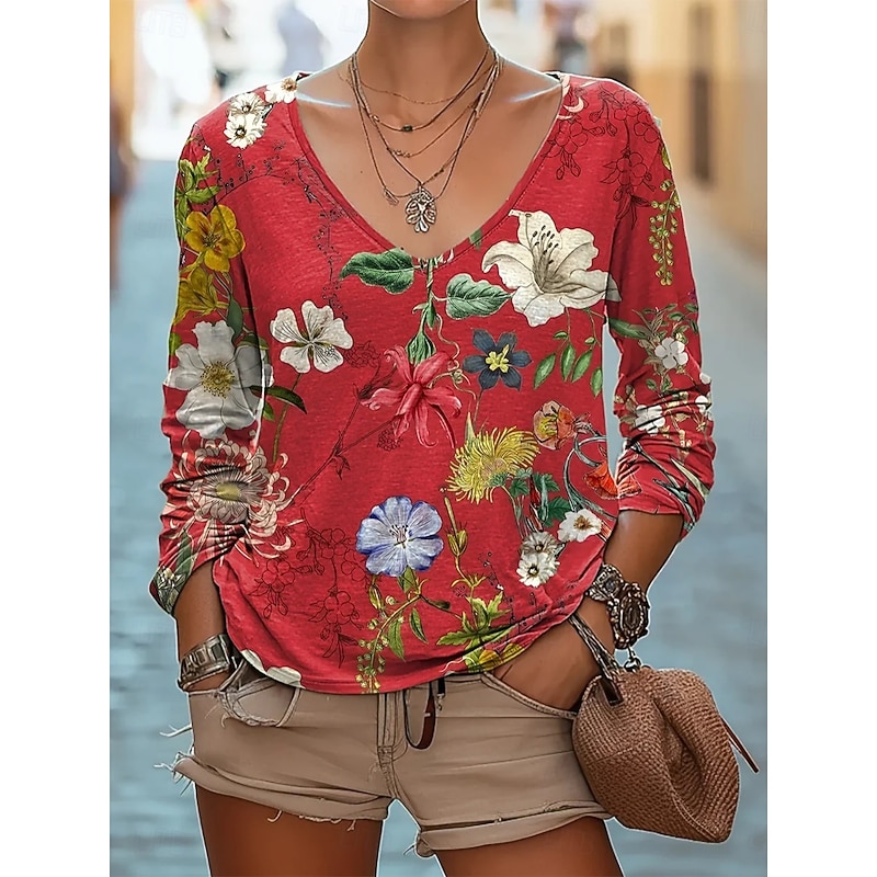 Women's Blouse Floral Daily Stylish Long Sleeve V Neck Regular Tops Daily Holiday Print Black Pink Wine Red Blue Summer Spring Fall2