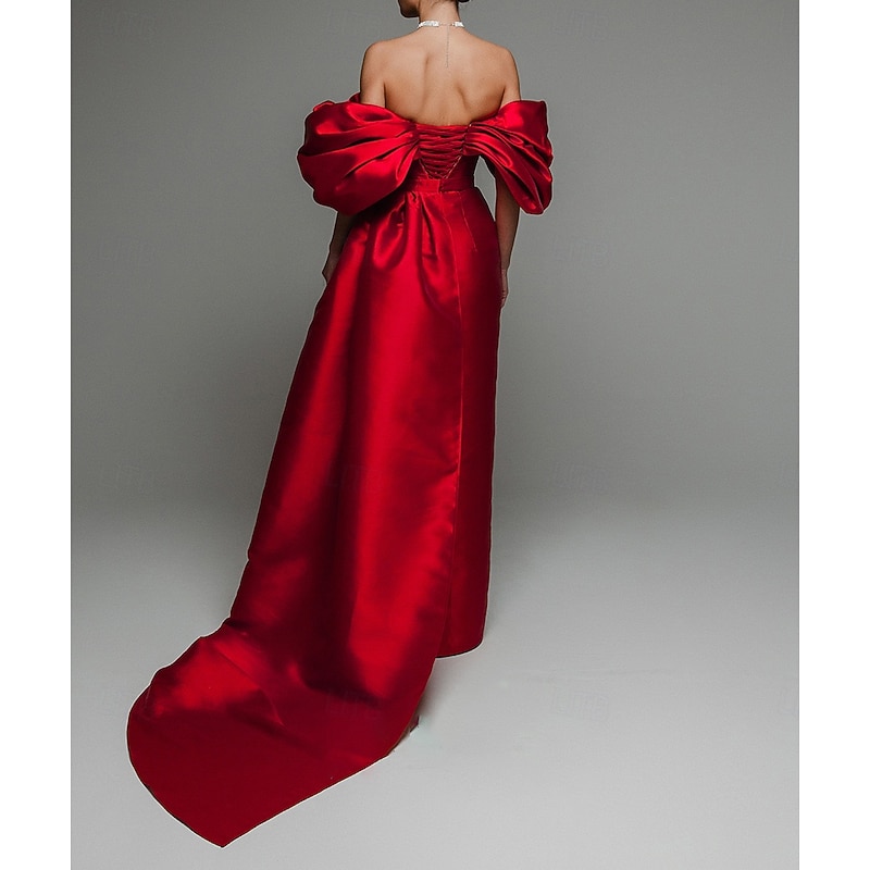 Red A-Line Evening Gown Elegant Dress Formal Wedding Court Train Sleeveless Off Shoulder Satin Slit with Ruched and Pleats4
