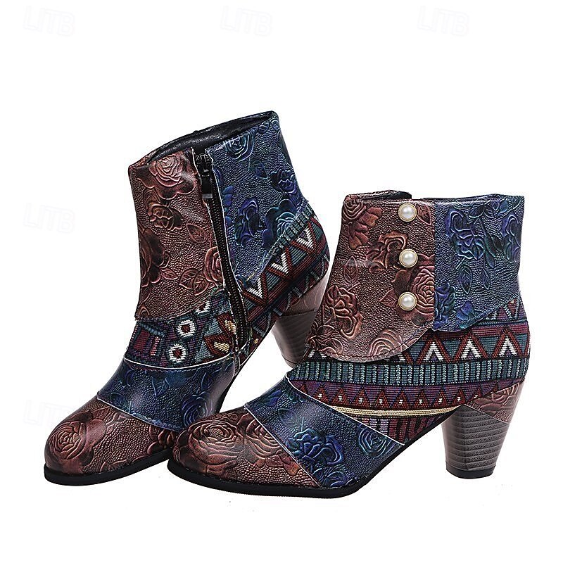 Bohemian Floral Embossed Ankle Boots for Women, Retro Ethnic Style Block Heel Short Boots with Zipper & Pearl Button Details - Perfect for Casual Outings, Festivals, and Vintage-Inspired Events4