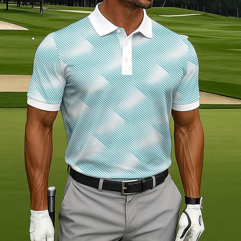 Men's Polo Casual Sports Turndown Short Sleeve Fashion Leisure Geometic Golf 3D Print Buttons Summer Lake Blue Blue Sky Blue Polo2