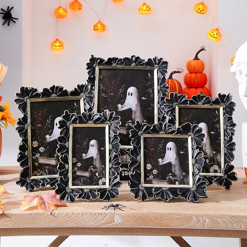 Halloween Gothic Resin Photo Frame, Black and Gold 3D Daisy Flower Design, Rectangular Picture Display Frame for Home Decor, Desktop Warm Photo Holder, Horizontal and Vertical Use