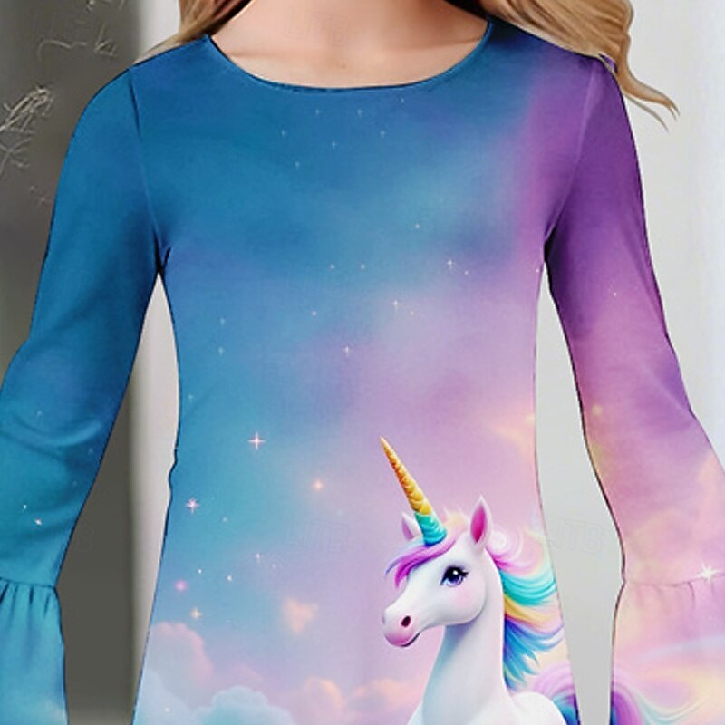 Girls' 3D Unicorn Dress Ruffle Dress Long Sleeve Summer Spring Vacation Daily Holiday Beautiful Sweet Kids 4-12 Years Casual Dress Knee-length Regular Fit2
