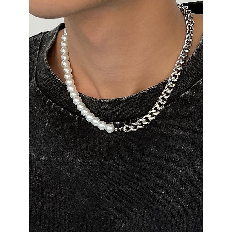 Men's Pearl and Chain Jewelry Set – Trendy Half Pearl Half Metal Necklace and Bracelet for Streetwear, Hip-Hop Style and Party Fashion3