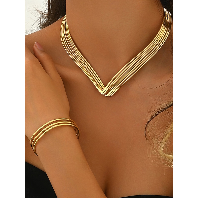 Women's Gold Plated Geometric Jewelry Set - Modern Layered V-Shaped Necklace and Open Cuff Bracelet for Ladies, Ideal for Cocktail Parties, Work Events, and Evening Outfits