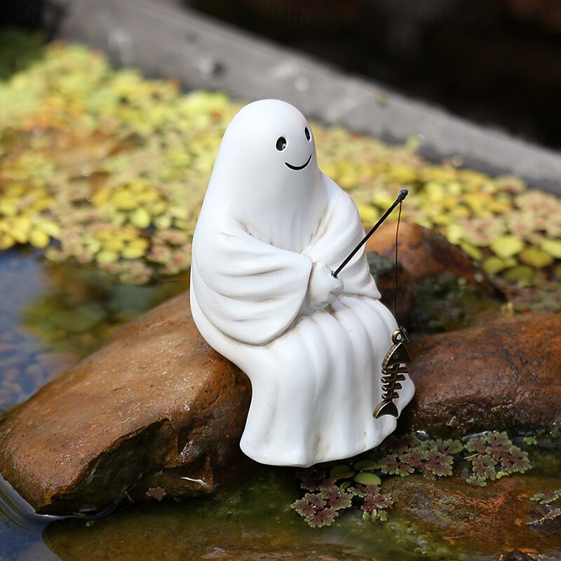 Halloween Resin Fishing Cute Ghost Decoration Figurine, Spooky Outdoor Yard Planter Balcony Pond Pavilion Decoration, Halloween Garden Ornament4