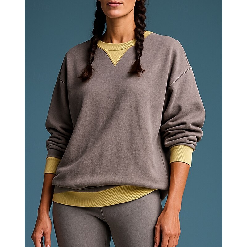 Women's Pullover Sweatshirt Casual Tops Splicing Long Sleeve Top Athleisure Solid Colored Cotton Sun Protection Windproof Hiking Workout Athletic Sportswear Activewear Yellow Burgundy Blue3