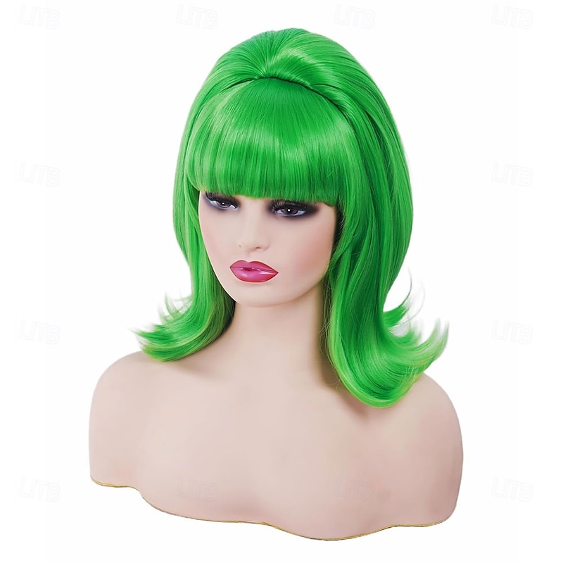 Short Wavy Green Wig with Bang Big Bouffant Beehive Wigs for Women fits 80s Costume or Halloween Party3
