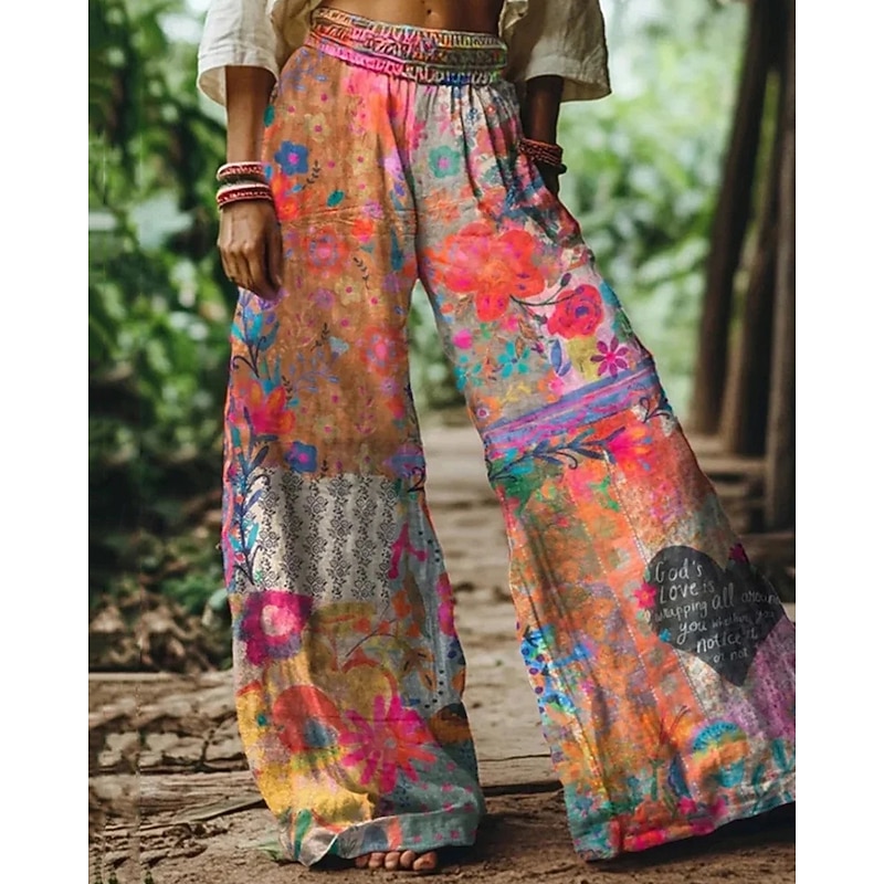 Women's Wide Leg Pants Trousers Palazzo Pants Fashion Boho Full Length High Waist Flower Elastic Waist Print Breathability Comfortable Street Daily Wear Going out Blue Orange Green Spring Fall2
