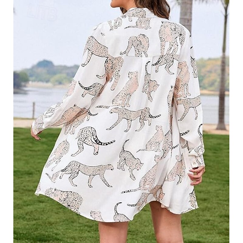 Women's Mini Dress Shirt Dress Casual Dress Fashion Modern Daily Beach Weekend Regular Fit Animal Long Sleeve Shirt Collar White Summer4