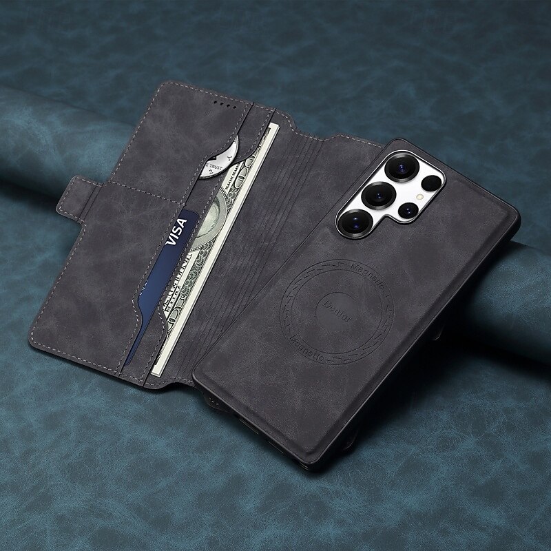 Phone Case For Samsung Galaxy S25 S24 Ultra Plus Back Cover Support Wireless Charging Kickstand Card Slot Retro TPU PU Leather