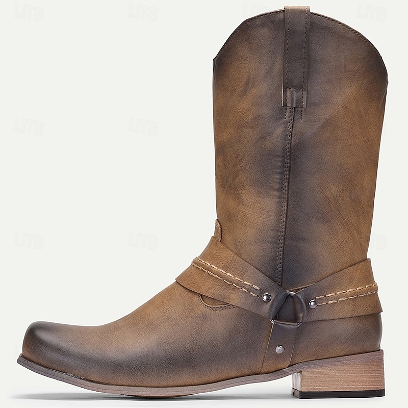 Men's Brown Faux Leather Western Cowboy Boots – Vintage Pull-on Riding Style for Farm Work, Country Music Festivals and Western-Themed Parties2