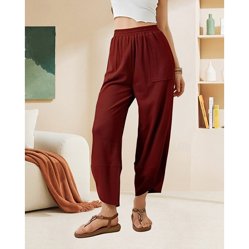 Women's Wide Leg Slacks Streetwear Casual Full Length Natural Plain Pocket Elastic Waist Soft Street Holiday Daily Wear claret Black Fall Regular Fit4