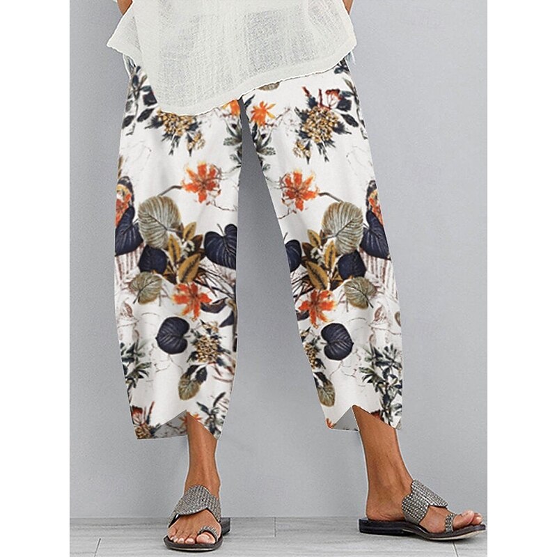 Women's Slacks Vacation Vintage Ethnic Style Full Length High Waist Floral Graphic Elastic Waistband Comfy Breathability Soft Micro-elastic Outdoor Street Daily Army Green Black White Summer Spring2