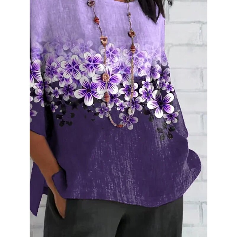 Women's T Shirt Floral Graphic Plants Vintage Classic Casual Half Sleeve Crew Neck Regular Tops Daily Weekend Beach Wear Print Violet Summer Spring Fall3