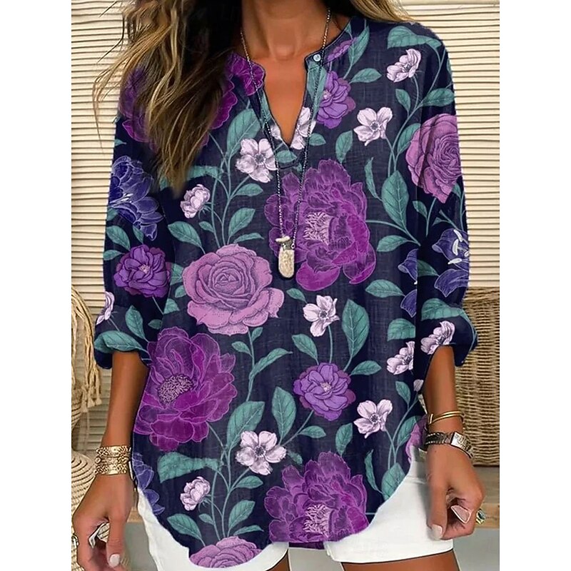 Women's Blouse Tunic V Neck Long Sleeve Boho Casual Tops Floral Graphic Vintage Daily Stylish Regular Tops Daily Print White Purple Green Fall2
