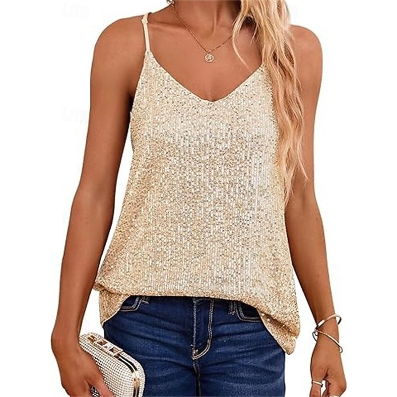 Women's Sequin Sparkly Party Glitter Sparkly Party Stylish Sleeveless Strap V Neck Regular Tops Party Evening Wear Daily Sequins Sparkle Silver Black Blue Gold Summer