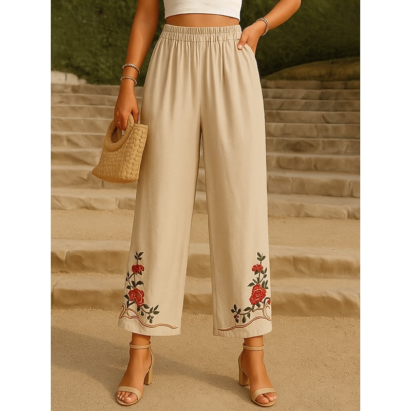 Women's Cotton Linen Pants Chinos Ethnic Style Basic Casual Full Length High Waist Floral Embroidered Pocket Elastic Waist Comfort Outdoor Micro-elastic Vacation Street Daily Khaki Beige Summer2