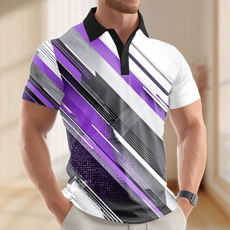 Men's Abstract Geometic Polo Short Sleeve Polo Shirts Lapel Business Casual Business Athleisure 3D Print Buttons Summer Red Blue Purple2