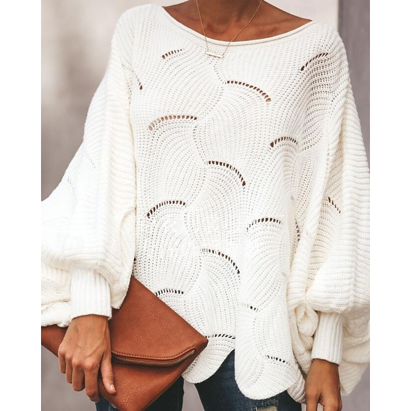 Women's Sweater Pullover Casual Soft Solid Color Ribbed V Neck Hollow Out Knitted Long Sleeve Regular Tops Knit Outdoor Holiday Going out Black White Fall2