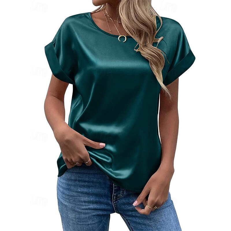 Women's T Shirt Tee Top Satin Plain Fashion Modern Short Sleeve Crew Neck Regular Tops Daily Going out Weekend Light Green Dark Green Purple Light Grey Summer3