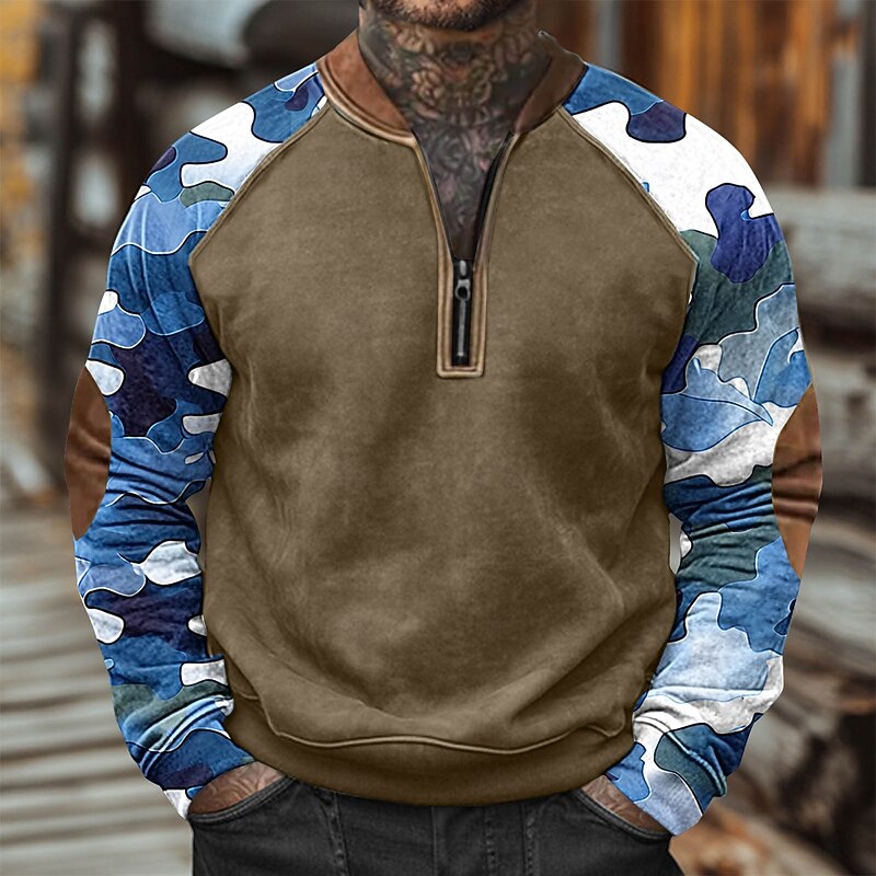 Men's Sweatshirt Quarter Zip Sweatshirt Army Green Navy Blue Blue Purple Half Zip Color Block Camo / Camouflage Half Zip Print Casual Daily Holiday Polyester Vintage Streetwear Casual Fall Winter