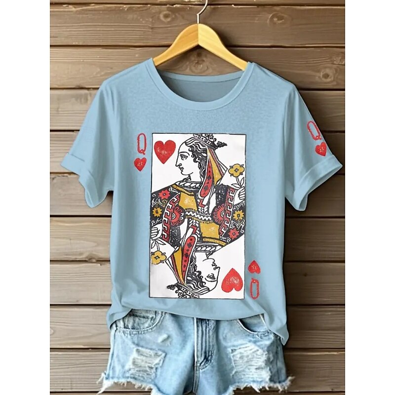 Women's Poker Queen of Hearts T Shirt Graphic Letter Vintage Stylish Classic Short Sleeve Crew Neck Round Neck Regular Tops Daily Weekend Print Black White Pink Blue Purple Summer Spring3
