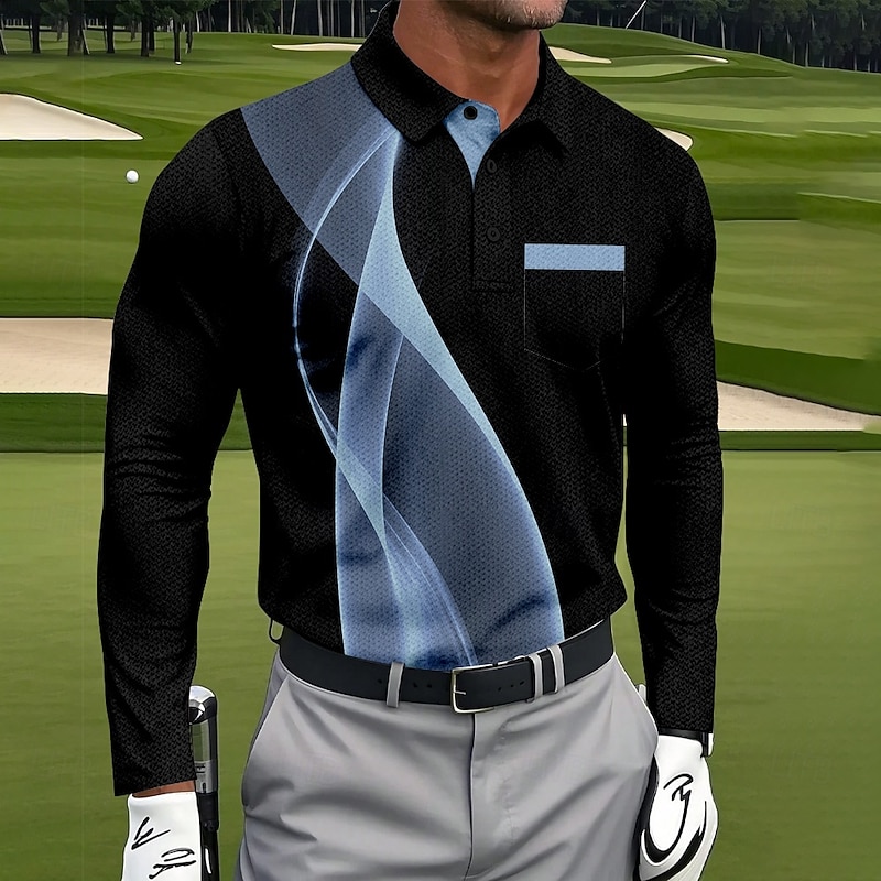 Men's Geometric Golf Polo Sports Polo Shirts Long Sleeve Polo Shirts Collared Shirts Sportswear Business Casual Athleisure Daily Wear Pocket 3D Print Buttons Spring Fall White Red Blue2