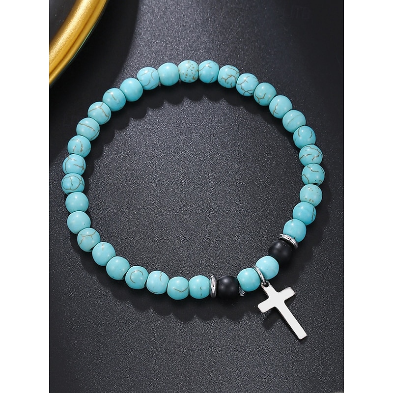 Men's Turquoise Cross Beaded Bracelet – Alloy and Turquoise Design, Perfect for Casual and Boho Style4