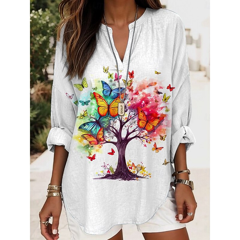Women's Blouse Tunic V Neck Long Sleeve Boho Casual Tops Graphic Butterfly Elegant Stylish Regular Tops Daily Print Red Purple Green Rainbow3