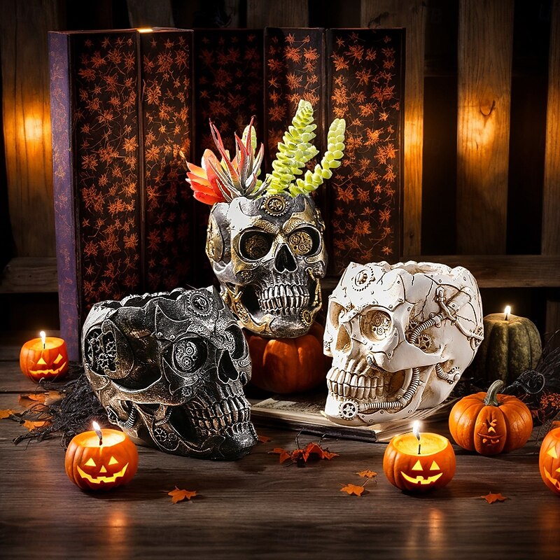 Halloween Skeleton Planter Resin Statue Decor, Punk Style Mechanical Skull Head Flower Vase, White Vintage Resin Gothic Decoration for Home, Patio, Halloween Party Display