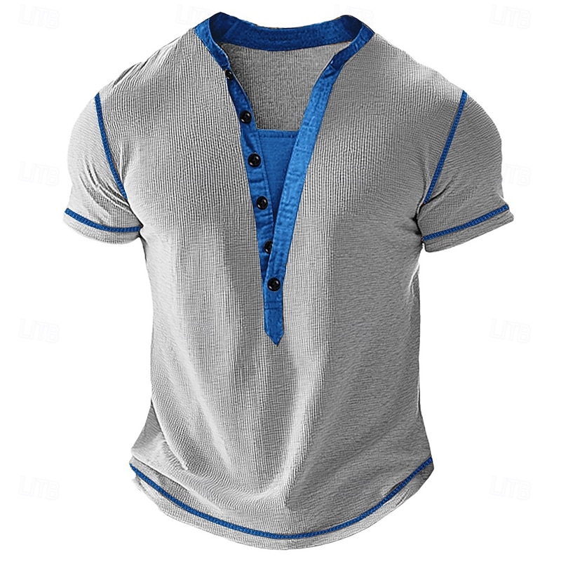 Men's Waffle Henley Shirt Tee Short Sleeve Solid Color Plain Fashion Designer Casual Color Block Buttons Henley Outdoor Casual Daily Summer Spring All Seasons Blue Brown khaki Henley T-Shirt