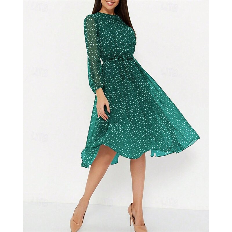 Women's Midi Dress Casual Dress Swing Dress Fashion Modern Daily Beach Weekend Regular Fit Polka Dot Long Sleeve Crew Neck Black Navy Blue Brown Green Spring Fall2