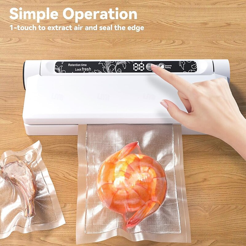 Food Storage Vacuum Sealer Machine, 75KPA Strong Suction, Dry/Wet Modes, 20 Vacuum Seal Bags for Food, Digital Countdown Timer, Compact Lightweight, Ideal for Home Kitchen Use4