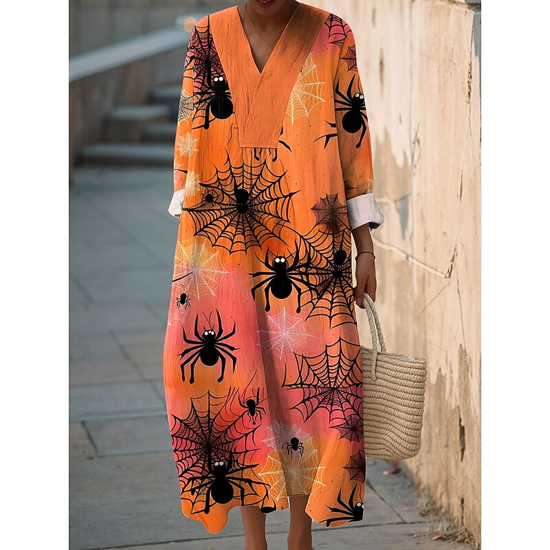 Halloween Women's Ghost Print Midi Dress V Neck Long Sleeve Kaftan Lightweight Loose Fit Casual Dress Shift Dress Casual Loose Fit Graphic Long Sleeve V Neck Black Yellow Pink Orange Fall2