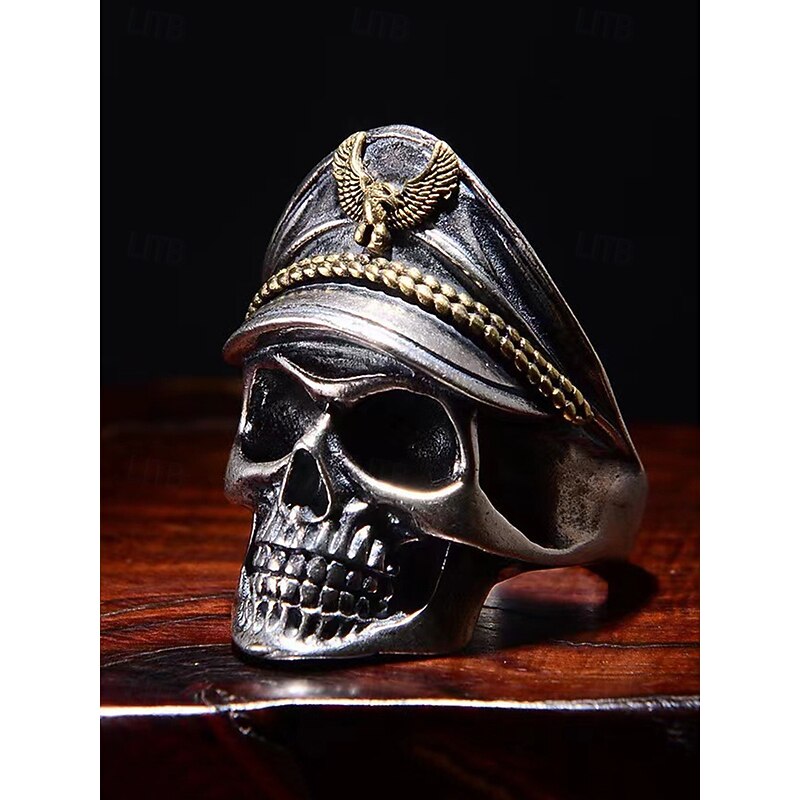 Men's Skull Ring with Officer Hat and Eagle Emblem – Adjustable Alloy Halloween Punk Jewelry for Biker and Gothic Style