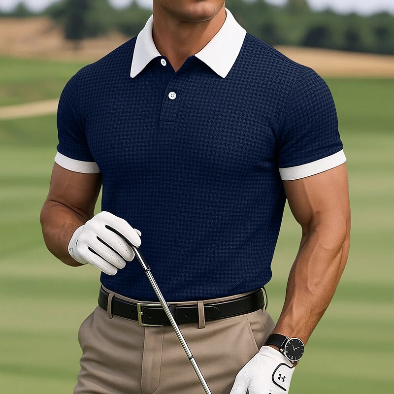 Men's Golf Shirt Golf Polos Shirts Business Casual Classic Short Sleeve Fashion Modern Solid Color Buttons Summer Spring Yellow Navy Blue Blue Khaki Golf Shirt